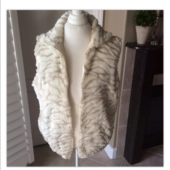 Faux Animal Print Fur Vest SM/MED Cream Beige Full Zip Donna Stewart USA Vintage - Picture 5 of 12